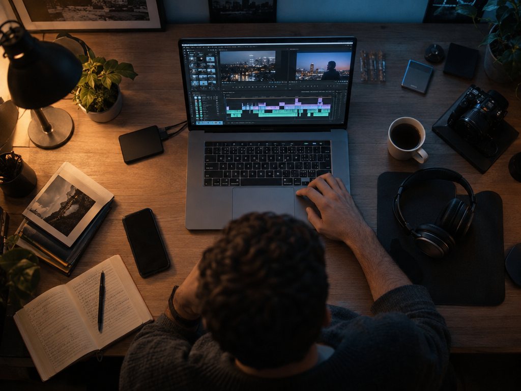 Laptop showing a colorful video editing timeline on a night-time desk
